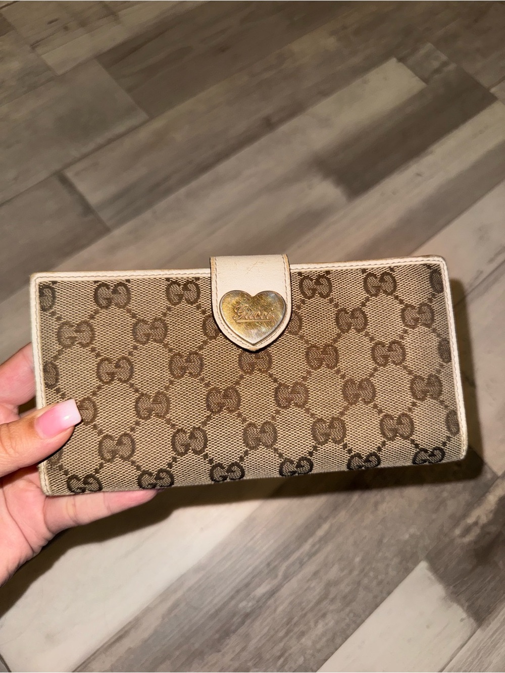 Gucci Brown GG Canvas Wallet with Gold Heart Clasp